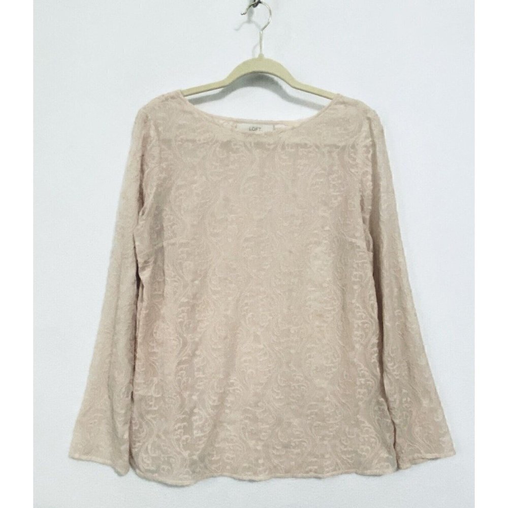 LOFT Top Womens Medium Lace Pullover Long Sleeve Blush Pink Cottagecore Boho